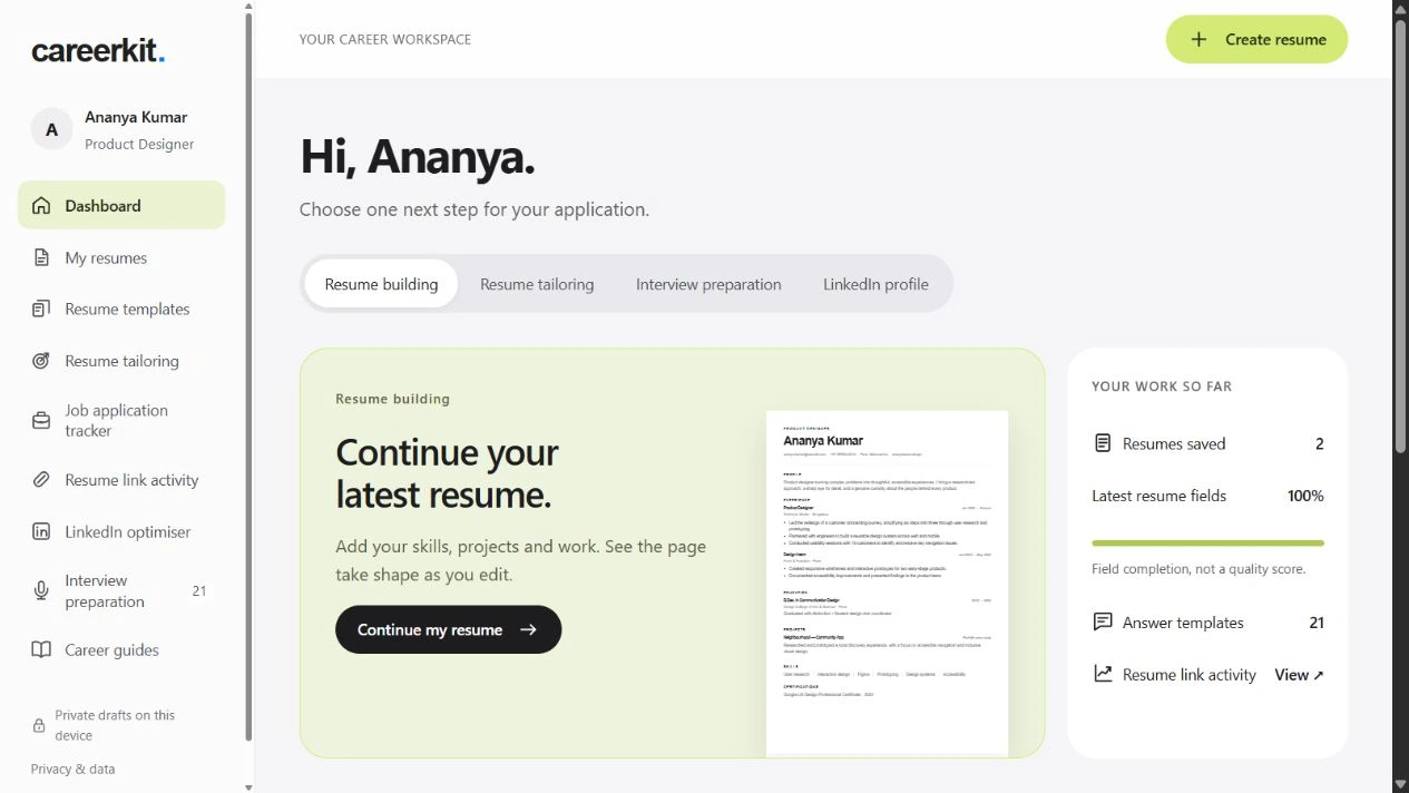 CareerKit development preview showing its career workspace