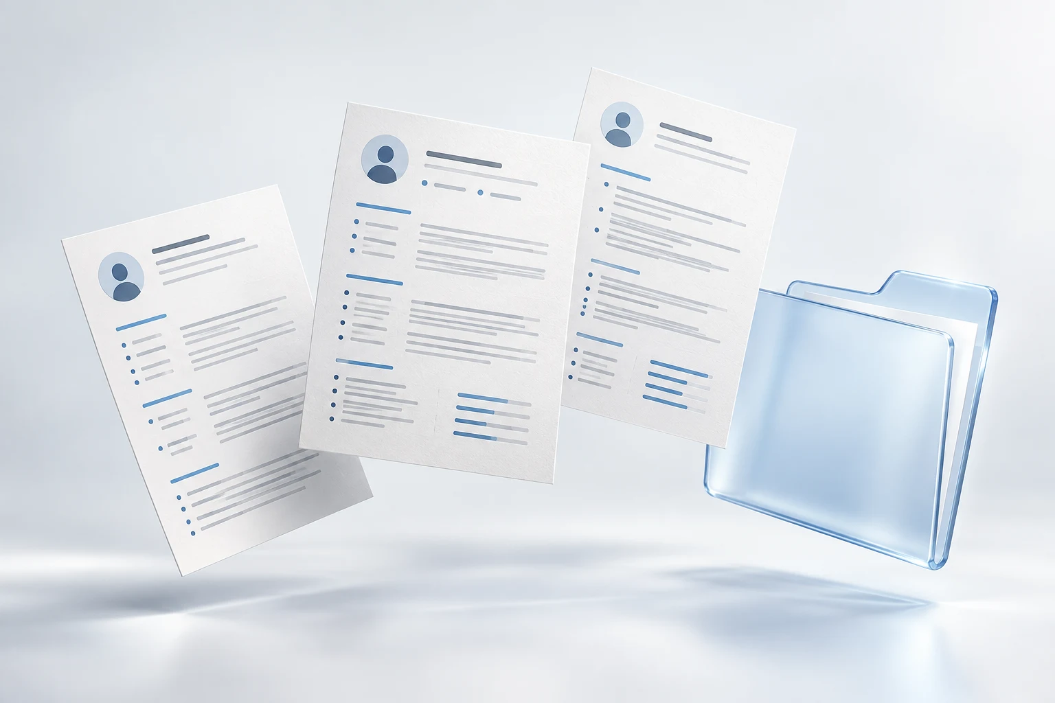 Resume pages floating beside a translucent blue glass folder